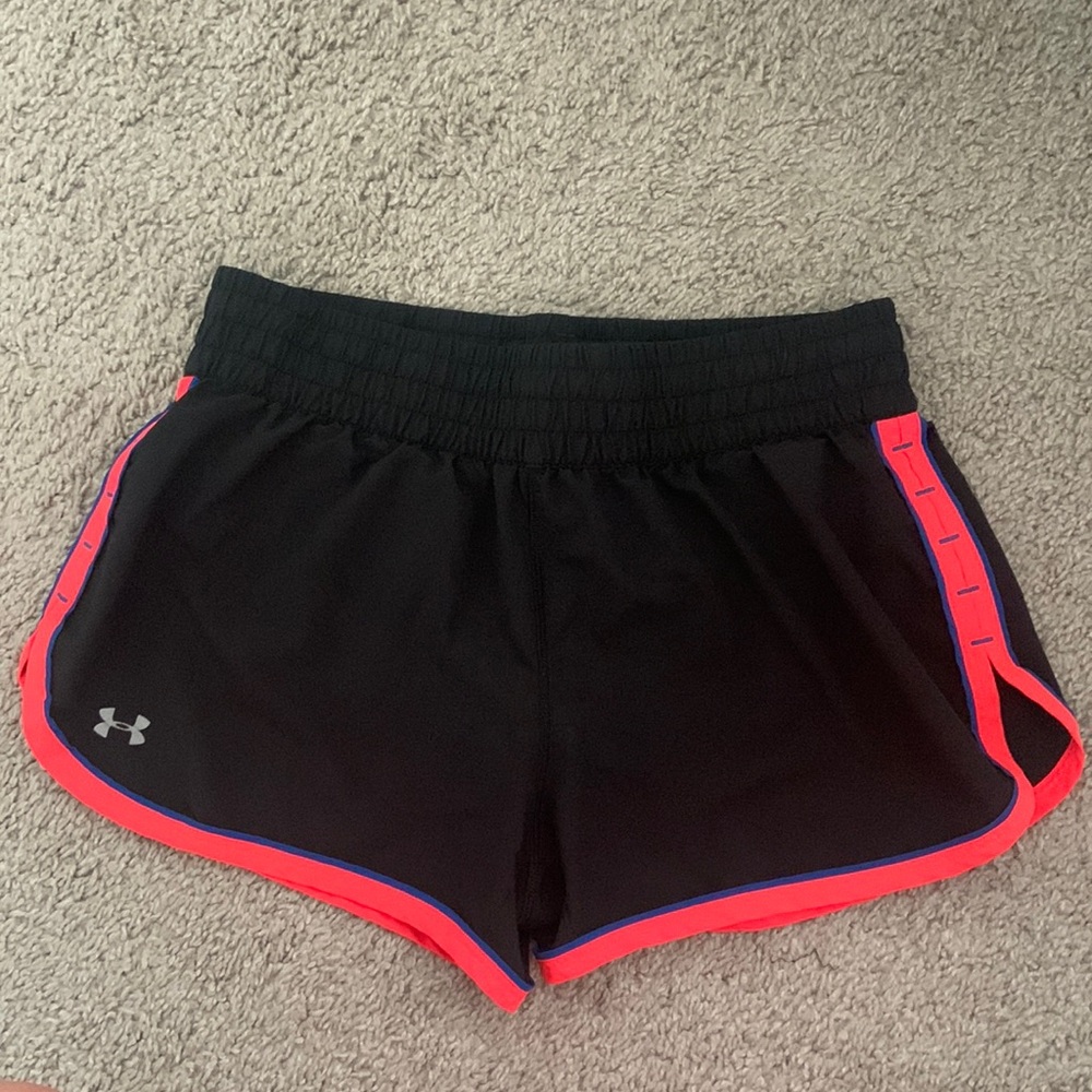 Black Under Armor Shorts with Neon Coral Trim